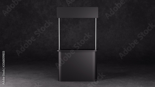 A blank black promotional stand featuring a narrow demonstration counter and header banner against a dark textured studio background. 3D rendering for exhibition mockups.