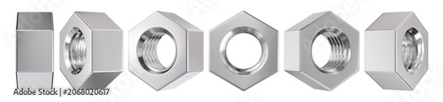 Isolated Silver Hex Nuts in Multiple Angles. 3D Rendered Set for industrial Design.