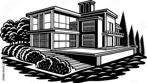 Contemporary mansion with multi-level terraces and expansive glass walls is depicted in a refined illustrative architectural style.