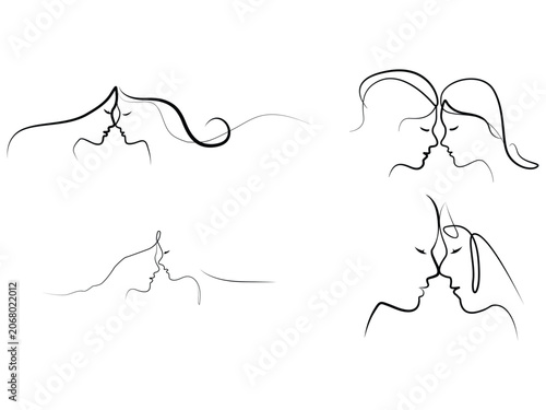 Romantic Couple Face to Face Continuous Line Art Vector Illustration