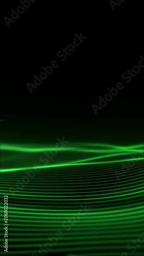 Vertical digital landscape with glowing green waves, abstract technology animation