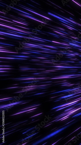 Purple and blue light streaks rushing through dark space, vertical motion graphics background