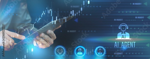 AI agent concept with holographic virtual operator interface, business user using tablet and futuristic autonomous intelligence technology background.