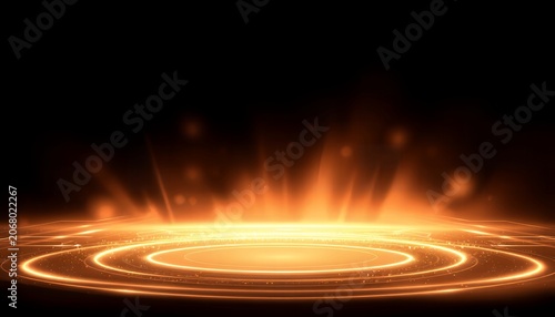 A mesmerizing orange glow emanates from a bright light source surrounded by concentric circles on a dark background with radiant beams