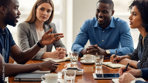 Diverse group of business executives in an informal roundtable meeting, sharing ideas and strategy in a modern professional office. Concept of collaboration, diversity, teamwork, communication.