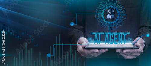 AI agent hologram above a business tablet with autonomous intelligence interface, data visualization and futuristic enterprise automation background.
