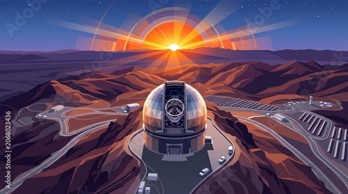 Observatory dome on mountain peak at sunrise with sun rays over arid landscape