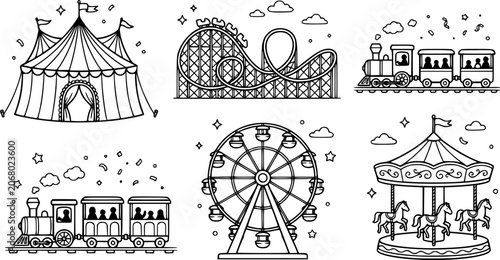 Amusement park. Circus festival tent, roller coaster, train, ferris wheel and carnival carousel. Kids entertainment park vector illustration. Rollercoaster entertainment, train and festival carnival