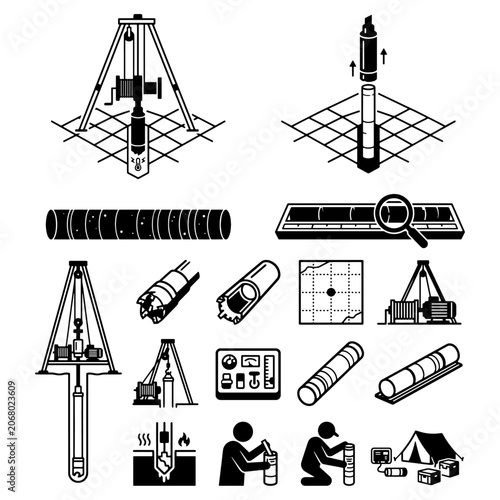 Geotechnical Core Drilling and Soil Sampling Silhouette Icon Set, Borehole Exploration Geological Rock Core Sample Logging and Civil Engineering Field Equipment Vector Illustration