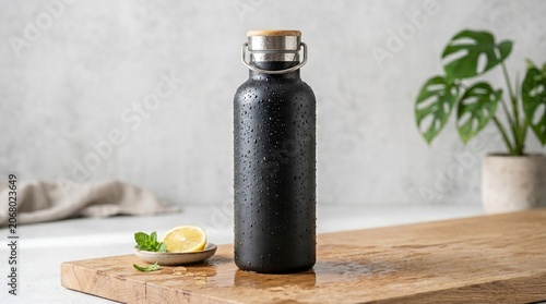 Black Insulated Stainless Steel Water Bottle Mockup with Lemon Slice on Wood