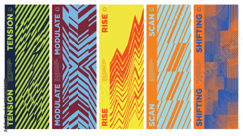 Abstract geometric poster set with brutalist typography, colorful Swiss style vertical banners, modern graphic design collection for web and print