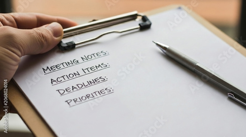 Hand holding a clipboard with meeting notes and action items. Business planning and office productivity concept