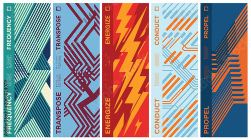 Abstract geometric banner set with tech patterns, dynamic vertical background collection, 5 vector layouts with frequency and energy themes