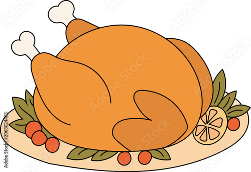 Cute roasted turkey doodle illustration. Hand drawn Thanksgiving turkey served on platter with cranberries, herbs and citrus garnish.