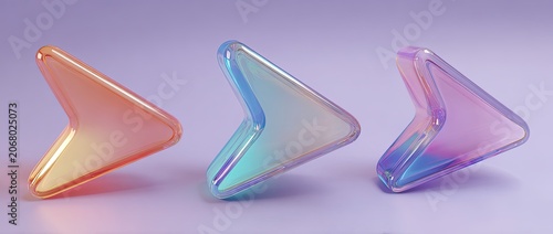 Three iridescent arrow shapes with pastel colors on a purple background.
