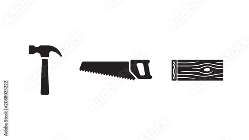 Black Silhouettes Of Hammer, Hand Saw, And Wooden Beam On White Background For Construction Concepts