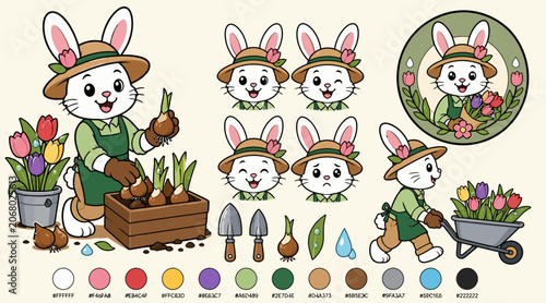 Photos Cartoon Bunny Gardener with Fresh Vegetables and Tools.