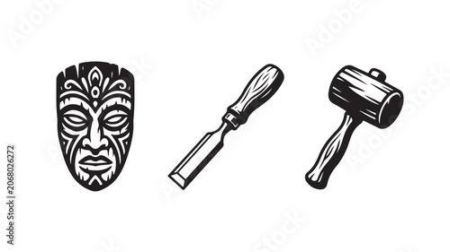 Tribal Mask Face Chisel Mallet Tools Isolated on White For Crafting Concepts