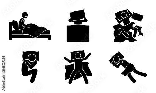 Obraz na plátně Stick Figure Sleep Positions Set: Resting, Dreaming, Restless Night, Cozy Bed Ic