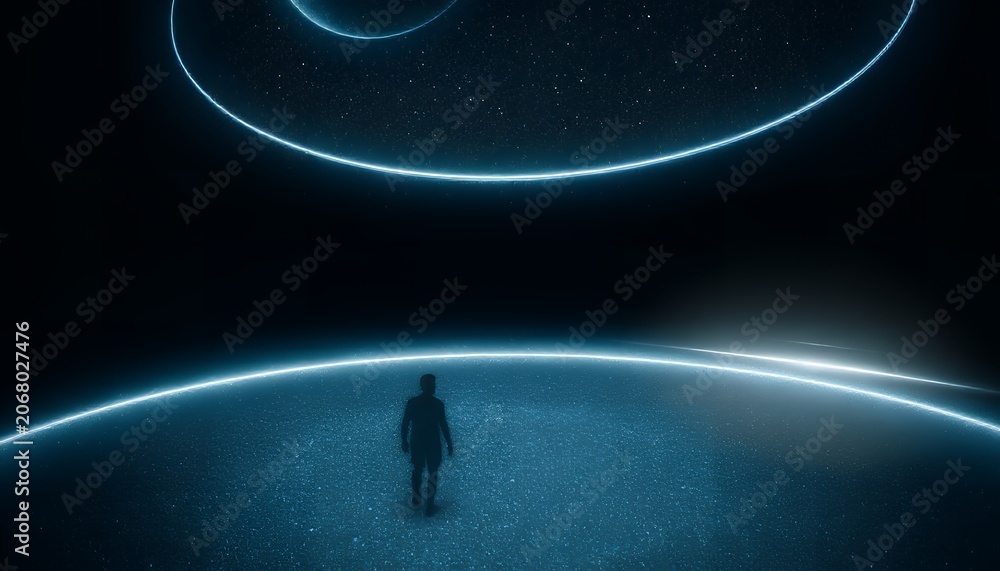 Obraz premium A solitary figure stands in a dark futuristic environment surrounded by glowing blue rings and a starry night sky