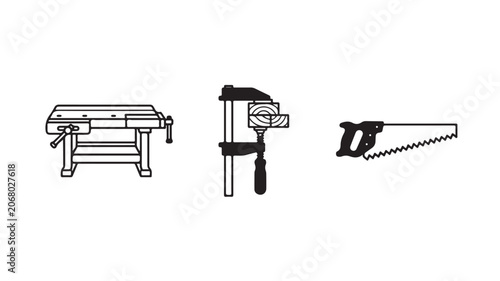 Workshop Tools Lineup Including Vice and Hand Saw For DIY Projects