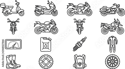 Photos Motorcycle Transport and Biker Gear Outline Icon Set with Scooter Sportbike Spar