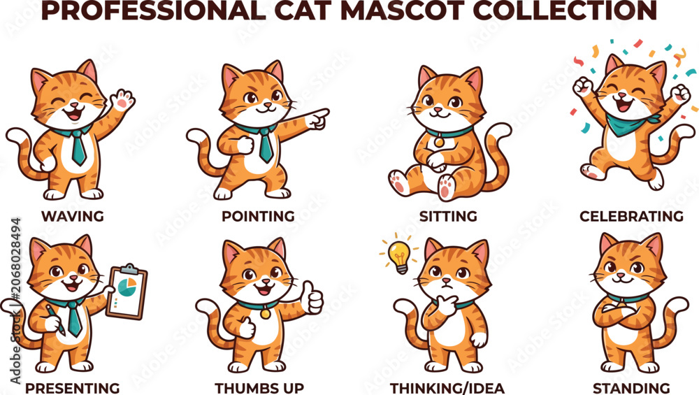 Fototapeta premium Cat day mascot collection orange tabby cat characters in various business poses