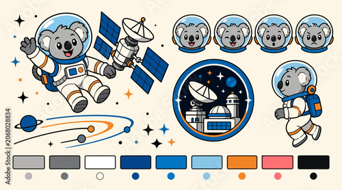 Photography Cute Koala Astronaut in Space with Satellites and Planets.