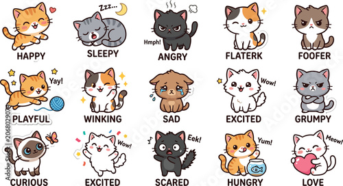 Cat day collection diverse cartoon cat emotions for stickers merchandise and digital art