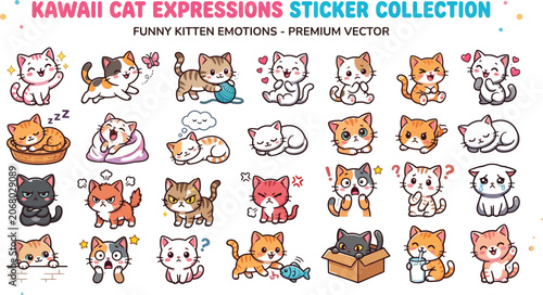 Kawaii cat day stickers adorable kitten expressions for digital communication crafts