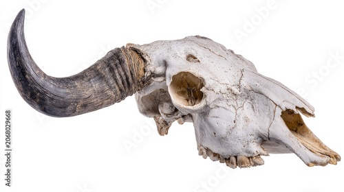 Side profile of buffalo skull with curved horn.