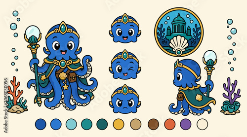 Fotografija Whimsical Blue Octopus Characters in Royal Outfits.
