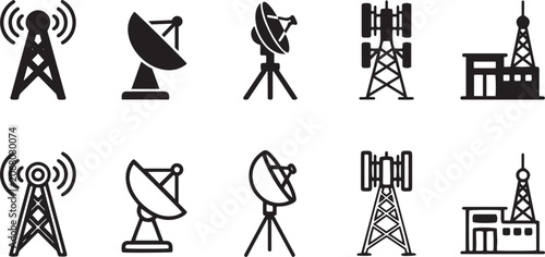 Tableau sur toile Communication antenna and satellite dish icons, telecommunication tower, vector illustration, flat line and silhouette set