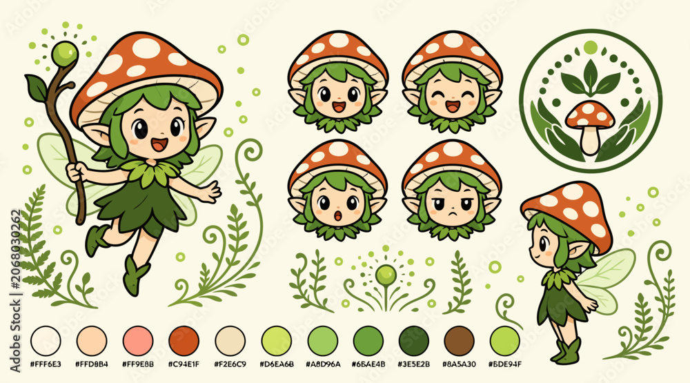 Obraz premium Whimsical mushroom fairy character illustration set.