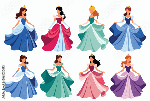 Set of elegant princess characters wearing colorful flowing ball gowns and gold tiaras in flat cartoon style.