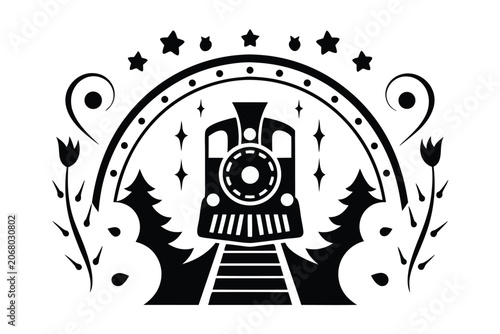 Quadro su tela Classic Steam Engine Train Silhouette on Tracks Entering a Tunnel, Industrial Ve