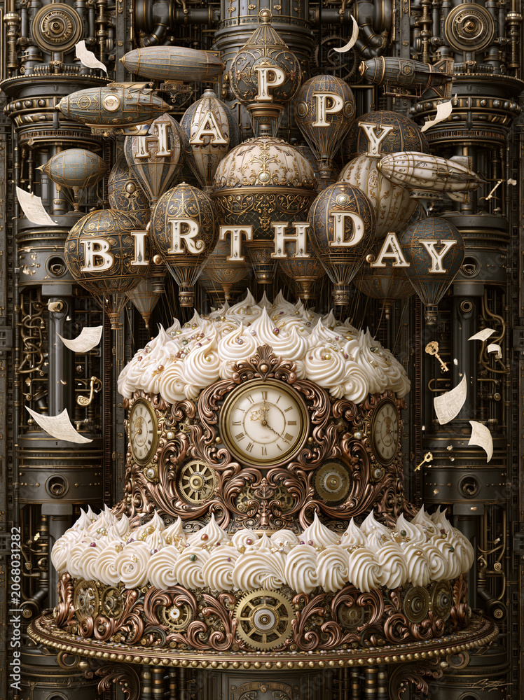 A highly complex steampunk illustration featuring an elaborate birthday cake decorated with clockwork gears and floating airships.