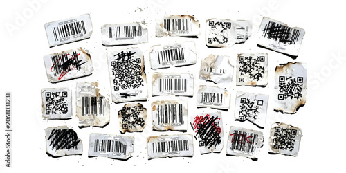 Set of various barcodes and qr codes with scribbled black lines