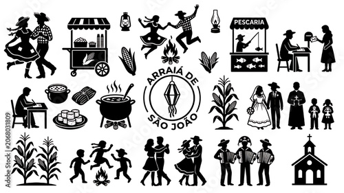 Festa Junina Brazilian June Festival Vector Elements Icon Set Silhouette Illustrations, White background.