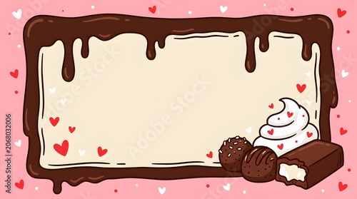 Chocolate frame with hearts whipped cream and truffles sweet dessert illustration