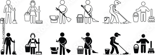 Foto Cleaning staff icons showing people with mops buckets and brooms for janitorial and housekeeping services
