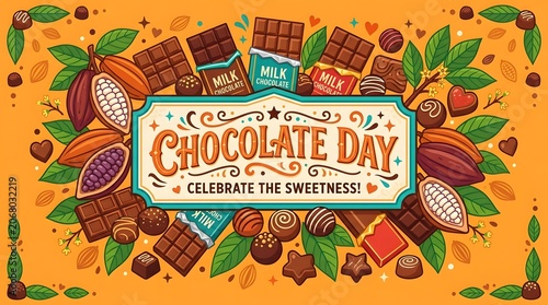 Colorful chocolate illustration with cocoa beans and milk chocolate bars for celebration
