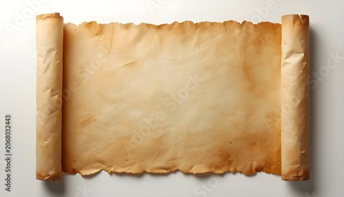 Vintage parchment scroll with torn edges on white background