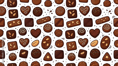 Seamless pattern of colorful chocolate candies and sweets on a white background