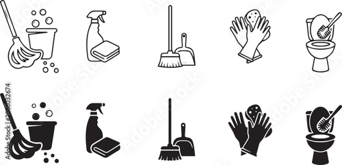 Photos Cleaning tools icons with mops buckets spray bottles brooms and gloves for hygiene and sanitization