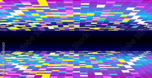 Foto Vibrant Retro Disco Grid Background with Neon Colorful Mosaic Tiles and Central Copy Space