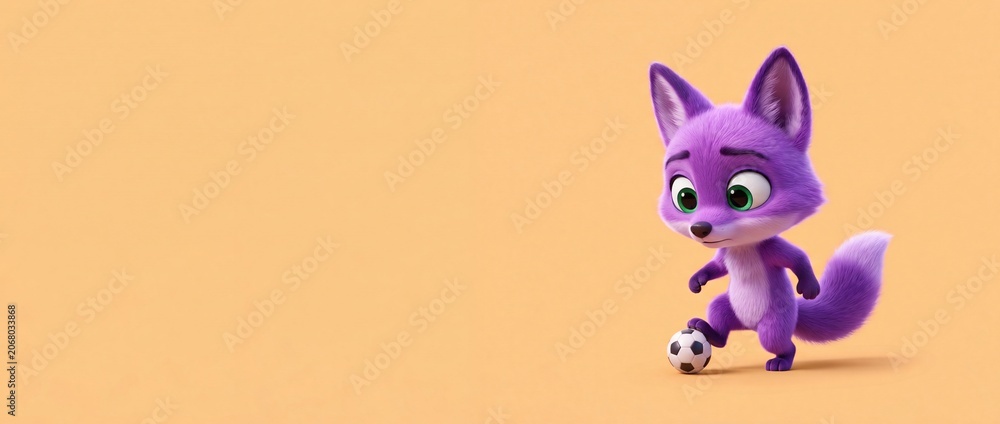 Fototapeta premium Cute purple fox playing soccer with a mini football ball on solid pastel orange background with copy space presenting a funny, playful 3D cartoon style illustration for sports banner design templates.