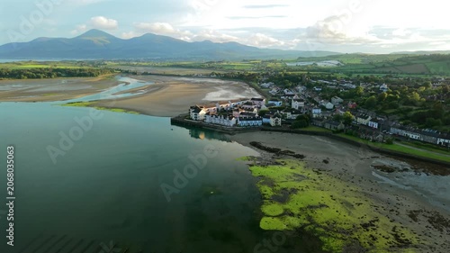 Aerial of Dundrum bay and village during low tide Northern Ireland
