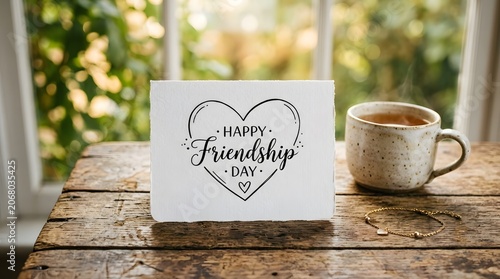 Friendship day card with heart design and steaming coffee on rustic wooden table