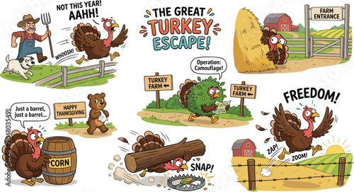 Tablou pe pânză Cartoon Thanksgiving turkey escape comic set with funny farm characters farmer d